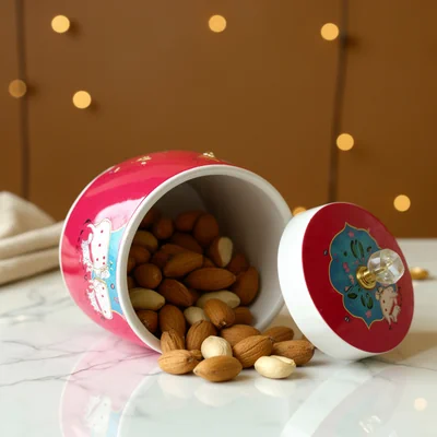 Pichwai Print Jar |Pichwai Design Decorative Jar with Lid | Shrinathji Krishna Theme Dry Fruit & Mukhwas Container | Premium Ceramic Storage Jar for Kitchen, Gifting   & Home Décor